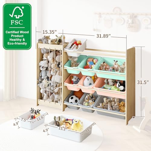 EXPERLAM Kids Toy Storage Organizer, 2-in-1 Stuffed Animal Storage & Toy Organizer w/12 Bins, Solid Wood Toy Rack Featuring Thicker Elastic Ropes to Hold Toys, Playroom Nursery Bedroom Storage, Multi - Image 2