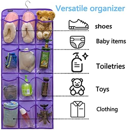 Dual Sided Hanging Shoe Organizer for Closet with Rotating Hanger Hanging Shoe Rack Holder with 24 Large Pockets (Purple-Clear Pockets) - Image 2