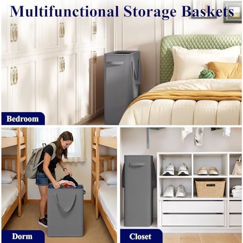 Optish 50L Slim Laundry Hamper, Small Laundry Hamper With Handles, Narrow Laundry Basket for Dorm, Bedroom, Living Room, Collapsible Laundry Basket, Grey - Image 6