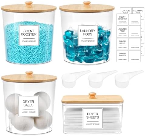 Laundry Pods Container & Dryer Sheet Holder, Laundry Room Organization and Storage Jars with Lids, Labels & Scoops for Powder Detergent Scent Booster by SACIOVEE