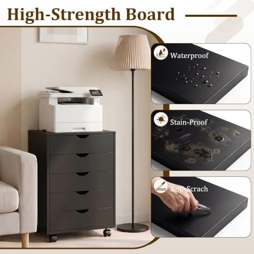 5 Drawer File Cabinet with Wheels, Under Desk Storage Drawers, Black - Image 6