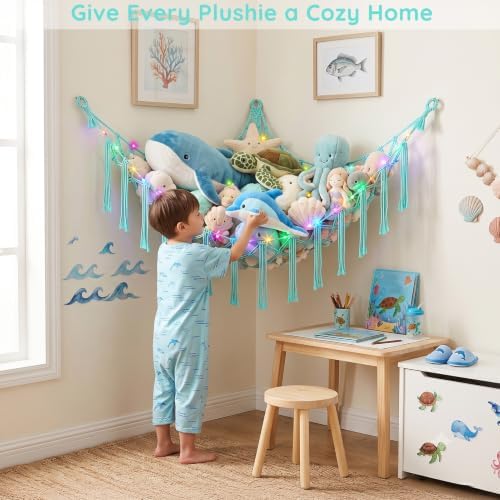 Basumee Stuffed Animals Hammock with LED Light Corner Net, Girls Room Decor - Image 5
