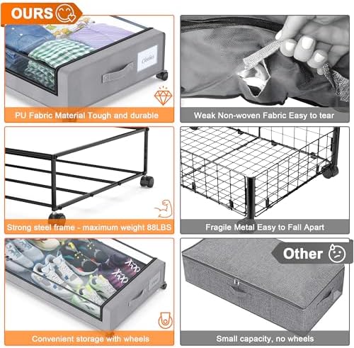 Under Bed Storage with Wheels, 2 Pack Under Bed Storage Containers with Clear Lids, XXL 65L Under Bed Storage Organizer, Rolling Under Bed Metal Drawer for Blanket, Clothes, Shoes (31 x 17 x 6.69 in) - Image 2