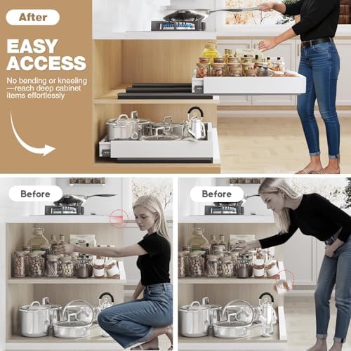 Seinloes Pull Out Cabinet Organizer, 4-Side Expandable to Fit Most Cabinets, 3 Rail Slide Out Drawers with Raising Pad for Framed & Frameless Cabinets, 11"-16" W x 13"-17" D, White, 2 Pack - Image 5
