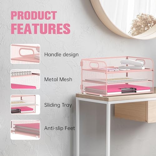 DALTACK 3 Tier Paper Organizer for Desk, Sliding Paper Trays, Pink - Image 4