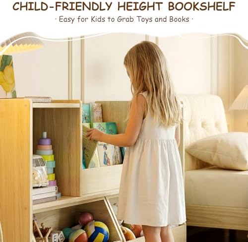 EXPERLAM Solid Wood Kids Bookshelf and Toy Storage Organizer, 3-in-1 Montessori Bookcase with Storage Cubbies and 2 Rolling Toy Bins, Toddler Bookshelf for Kids Room, Playroom, Nursery - Image 6