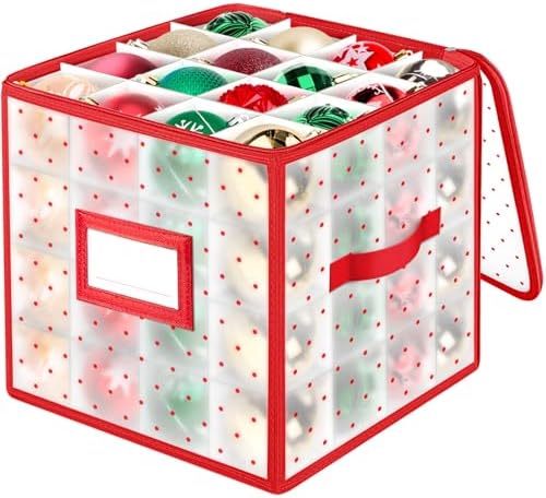 BlessedSeason Christmas Ornament Storage Box with Adjustable Dividers, Store up to 64 3-inch or 36 4-inch Christmas Ornaments, Plastic Xmas Storage with Zippered Closure & Two Handles by Unknown