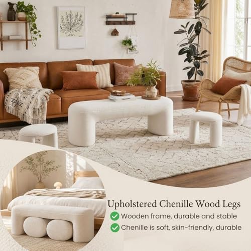 53" Chenille Ottoman Bench with 2 Nesting Ottomans, White - Image 4