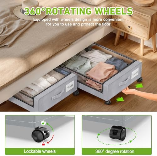 Molutsody Under Bed Storage with Wheels, 2-Pack Underbed Storage Containers with Clear Lids, Under Bed Shoe Storage Organizer Bins, Rolling Under Bed Storage for Clothes Shoes Blankets (Grey) - Image 3