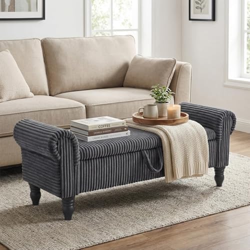 55" Corduroy Storage Ottoman Bench, Queen Bed, Grey - Image 6