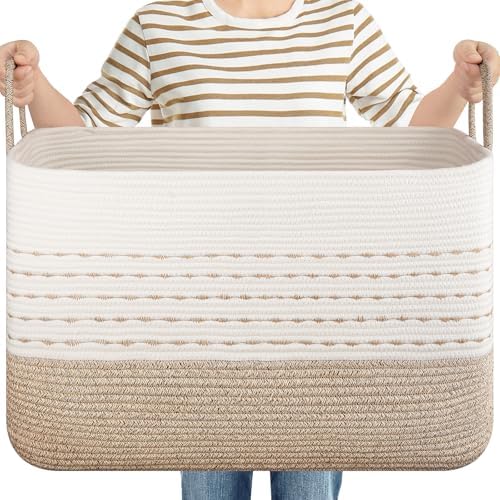 OIASKET XXL Large Blanket Basket for Living Room, 108L Woven Storage Baskets for Organizing, Rectangle Cotton Rope Basket Toy Chest With Handles--Brown & White by OIASKET