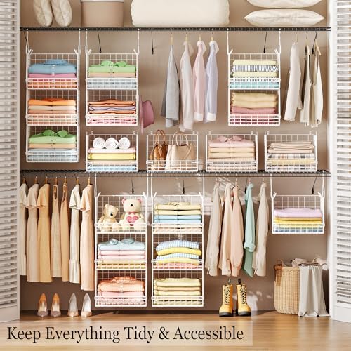 X-cosrack 3 Tier Foldable Closet Organizer, Clothes Shelves with 5 S Hooks, Wall Mount&Cabinet Wire Storage Basket Bins, for Clothing Sweaters Shoes Handbags Clutches Accessories-White Patent Design - Image 2