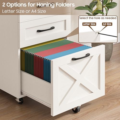 Halitaa Farmhouse 3 Drawer Small File Cabinet with Wheels, Rustic White - Image 5
