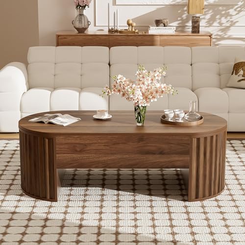Merax 47.2'' Lift Top Oval Coffee Table with Hidden Storage Compartment, Modern Wooden Center Table with Oval Lift Tabletop for Home Living Room, Brown - Image 3