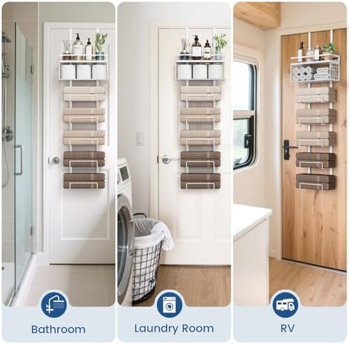 Aetyord Towel Racks for Bathroom Over The Door Towel Racks Towel Storage Organizer with Metal Shelf Basket for Bathroom Rv Camper (7-Tier White) - Image 6
