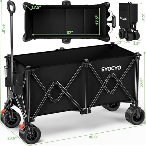 Beach Wagon Carts Foldable 580LBS Collapsible Wagon with Big All-Terrain Wheels for Sand 340L Heavy Duty Utility Carts with Cup Holders for Garden, Camping, Grocery, Black - Image 2