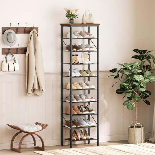 MAHANCRIS 10 Tier Narrow Shoe Rack Organizer, Tall Slim Shoe Storage for Small Space, Holds 10-20 Pairs, Metal Shoe Shelf with Wooden Top for Entryway Closet Bedroom, Rustic Brown and Black SRHR11401 - Image 2