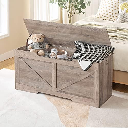 HOOBRO Storage Bench, 43.3” Retro Wooden Storage Chest with U-Shaped Cut-Out Pull, Safety Hinge, Supports 330 lb and Easy Assembly for Toy Box Organizer (Greige) BG772CW01G1 - Image 3