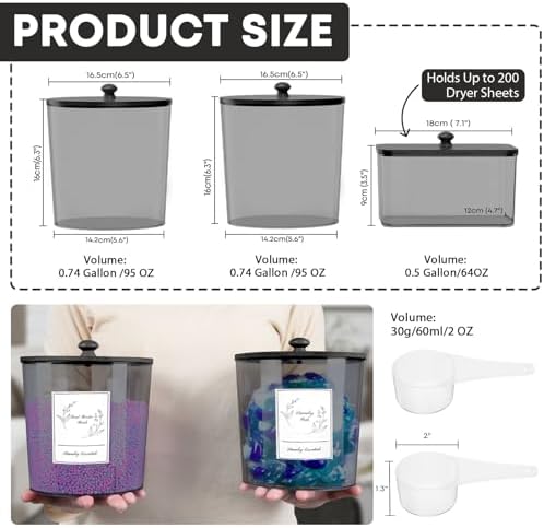 COAZEX 3 Pack Black Laundry Powder Container & Dryer Sheet Holder,Black Lid - Image 2