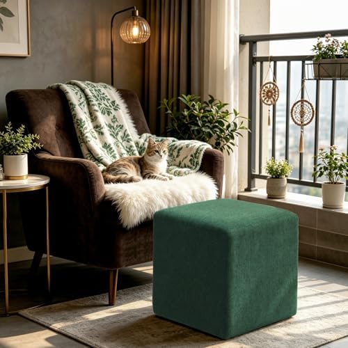 1PC Modern Square Ottoman for Living Room, Wooden Frame Cube Vanity Stool Chair for Bedroom, Woven Heathered Fabric Upholstered Ottoman Foot Rest for Couch or Chair - Image 3