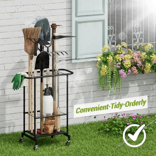 3-Tier Garden Tool Organizer with Wheels, Garage Floor Rolling Storage Cart on Wheels Heavy Duty Metal Rolling Storage Cart, Yard Tool Tower Rack for Garage, Patio, Shed, Indoor Outdoor - Image 4