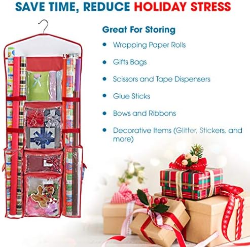 ProPik Hanging Double Sided Wrapping Paper Storage Organizer With Multiple Pockets Organize Your Gift Wrap, Gift Bags Bows Ribbons 40"X17" Fits 40 Inch Rolls Clear PVC Bag (Red) - Image 4