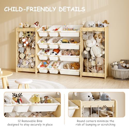 EXPERLAM Large Toy Storage Organizer, Wooden Stuffed Animal Storage & 12-Bins Toy Organizer, Double-Sided Plush Toy Holder Featuring Thicker Ropes, Space Save Playroom Nursery Bedroom Storage, White - Image 3