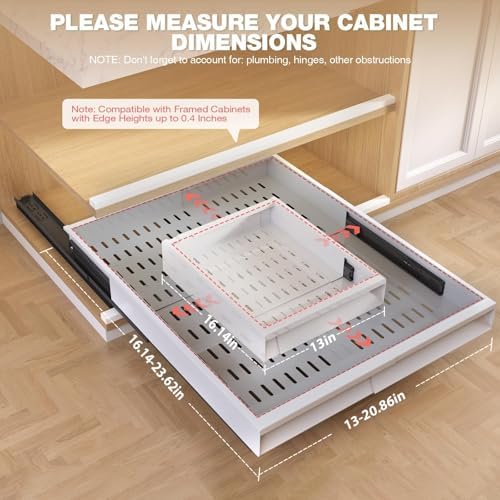 Seinloes Pull Out Cabinet Organizer, 4-Side Expandable to Fit Most Cabinets, 3 Rail Slide Out Drawers with Raising Pad for Framed & Frameless Cabinets, 13"-21" W x 17"-24" D, White, 2 Pack - Image 3