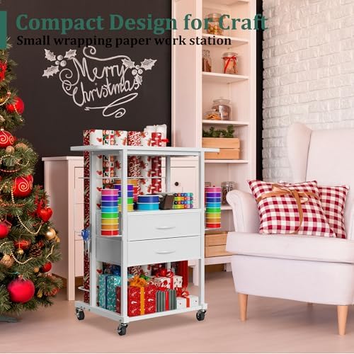 Wrapping Paper Storage Cart with 12 Rolls Wrapping Paper Organizer Holder, Rolling Craft Cart with 2 Fabric Drawer, Gift Wrapping Station with 4 Hooks Storage Ribbons and Gift Bags, Spave Saving - Image 7