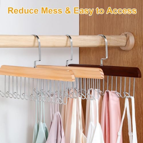 Belt Hanger 3 Pack with 24 Hooks, Sturdy Wooden Non-Slip Belt Holder, Space Saving Closet Organizer, Rotating Display Rack for Bra, Hat, Tank Tops - Image 5