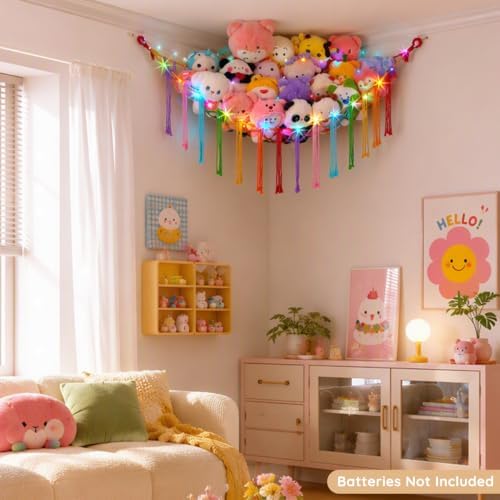 Basumee Stuffed Animals Hammock with LED Light Corner Net, Girls Room Decor - Image 4