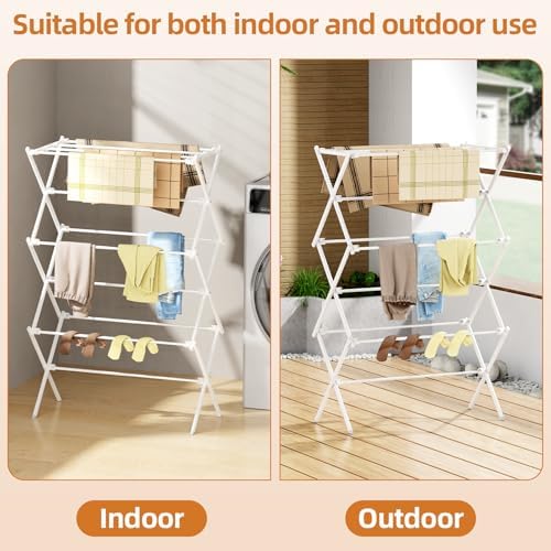 Drying Rack Clothing, 3-Tier Clothes Drying Rack Foldable, Antirust Laundry Drying Rack Collapsible Use for Indoor & Outdoor, 11.8" D x 34.6" W x 35.4" H, White - Image 5