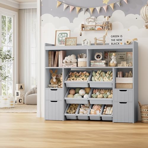 HORSTORS 55" W Toy Storage Organizer, Large Kids Bookshelf, Toy Box, Grey - Image 2