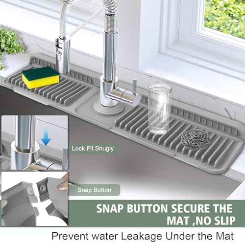 24-Inch Kitchen Sink Splash Guard Mat | 7° Slope for Fast Self-Draining | Snap-Lock Design | Universal & Cuttable Silicone Faucet Mat Gray - Image 2