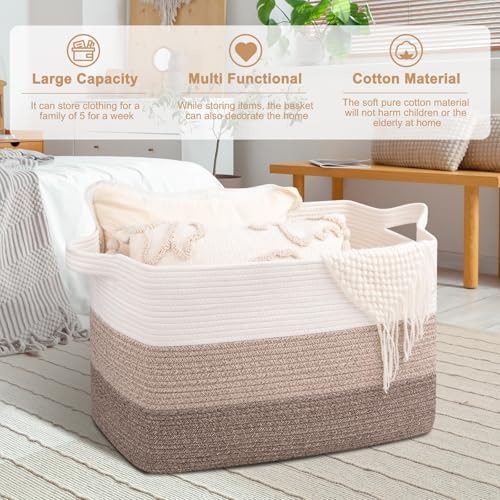 OIAHOMY Extra Large Blanket Basket, 110L Cotton Rope Woven Laundry Basket, Toy Bin for Baby Room, Container for Blanket Storage in Living Room, 24.8''×17.3''×15.8'', Gradient Brown - Image 2
