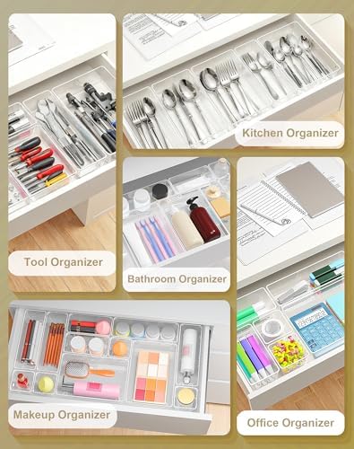 15Pcs Clear Plastic Drawer Organizers Set, 4size makeup drawer organizer trays for vanity/desk/bathroom/office/nightstand/gadgets for kitchen/desk drawer, Versatile drawer divider storage bins - Image 5