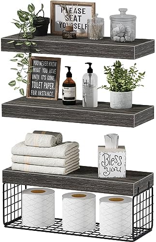 QEEIG Bathroom Shelves Over Toilet Wall Mounted (Grey, Set of 3, 15.7") by QEEIG