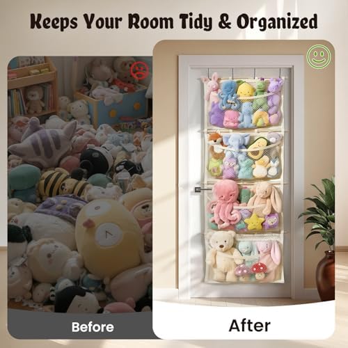Over Door Large-Capacity Stuffed Animal Storage with Metal Hook & Wooden Stick, Hanging Plush Animal Bear Doll Toy Organizer Net Hammock Behind Door, Boho Nursery Dorm Bedroom Decor for Girl Boy Kid - Image 5