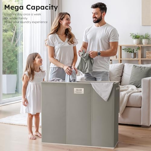 SOLEDI 180L 3-Section Laundry Hamper with Lid, Extra Large Dirty Clothes Basket with Sturdy Handles for Laundry Room & Bedroom - Durable Organizer for Sorting Laundry - Image 2