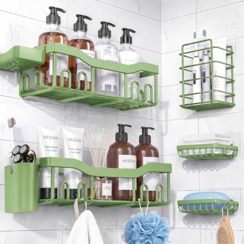 NESOMI Shower Caddy Adhesive Shower Organizer 7-Pack, Rustproof Stainless Steel Bathroom Shelves, Large Capacity No-Drill Rack Storage Accessories with Soap Dish Toothbrush Holder Hooks by OrganizeYourHomeEssentials