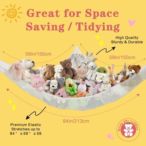 Stuffed Animal Net Hammock Corner Large Toy Storage Organizer Holder Plushies Stuffy Storage Hammock for Kids Baby Nursery Bedroom Playroom Home Wall Room Decor (White) - Image 2