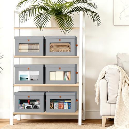 DIMJ Storage Bins with Lids - 4 Pack Large Fabric Closet Organizer with Window & Handles, Collapsible Decorative Storage Boxes for Shelves Under Bed, Books Clothes Blankets Sweaters Organization - Image 5