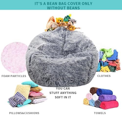 Fluffy Stuffed Animal Storage Bean Bag Chair Cover (No Filler), Faux Fur Comfy Bean Bag Cover for Organizing Plush Toys or Textile, for Adults Teens Kids Girls, Gray - Image 3