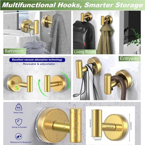Suction Cup Hooks for Shower, Stainless Steel Shower Hooks for Hanging Towels, Robes, Bath Balls, Towel Hooks for Bathroom Wall, Glass Door, Kitchen, Mirror, Tile (2 Pack，Gold) - Image 6