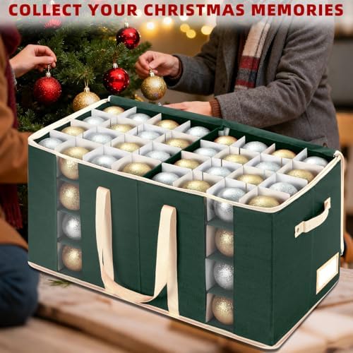 JY COOKMENT Christmas Ornament Storage Box with Adjustable Dividers and Side Pockets, Large Ornaments Storage Container Bin with Zippered Top for Xmas Decorations (128-3" Balls, Green, Without Tray) - Image 3