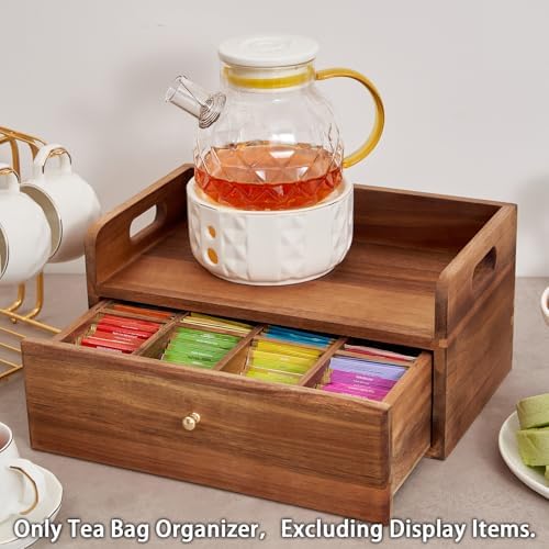 SARUFO Acacia Wood Tea Bag Organizer with Drawer - Tea Station Chest and Storage Box, Coffee and Teabag Holder with 8 Compartments, Containers and Boxes for Countertop Display - Image 5