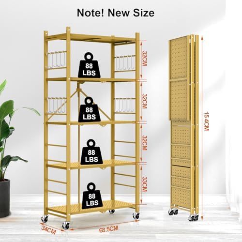 Himix 5-Tier Foldable Storage Shelves with 20 Hooks Wheels Bookshelf Gold - Image 3