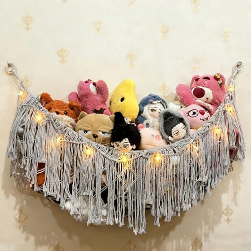 Stuffed Animal Hammock or Net With LED Lights Extra Large Wall Hanging Stuffed Animal Storage Nets for Teddy Bear Handmade Macrame Hanging Toy Net Hammock for Stuffed Animal (Gray) by LXUNYI