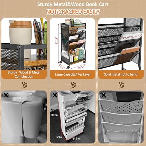 DAOUTIME 8 Tier Rolling Book Cart with Wheels, Mobile Book Storage Cart with 2 Sides Access Bookcase for Narrow Space, Rolling File Organizers and Storage for Home Office Living Room Classroom School - Image 3