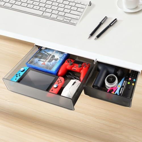 OSPNIEEK Self-adhesive Under Desk Drawer Organizer, 2 Pack Table Hidden Slide Out Large Storage Mounted Desktop Pencil Holder Tray Drawers for Office Home School Stationery Kitchen (XL+L, Black) by OSPNIEEK